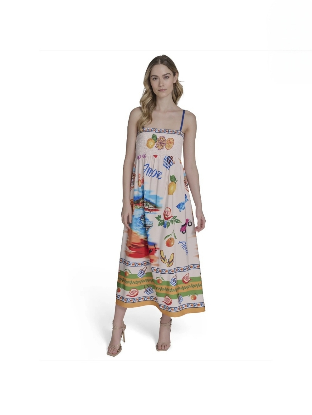 Peach Printed Maxi Dress with Smocked Bodice and Blue Straps Size XL - Picture 4 of 9